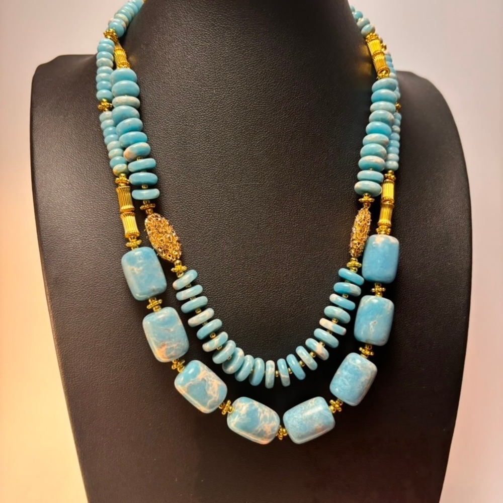 Stauer Jewelry Set Blue Beaded Necklace Bracelet Gold Tone Marbled Statement